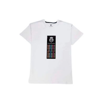 Six-Color Rectangle Brand Logo On White T-Shirt