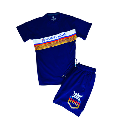 Five Colors Printed Logo Designs On Navy Blue Tee And Short Set MICHAEL HOOD