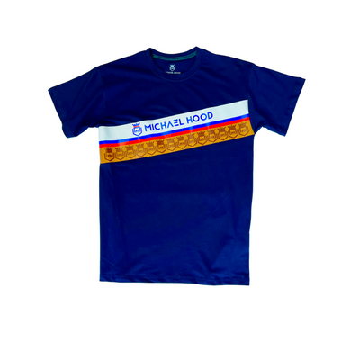 Five Colors Printed Logo Designs On Navy Blue Tee And Short Set MICHAEL HOOD