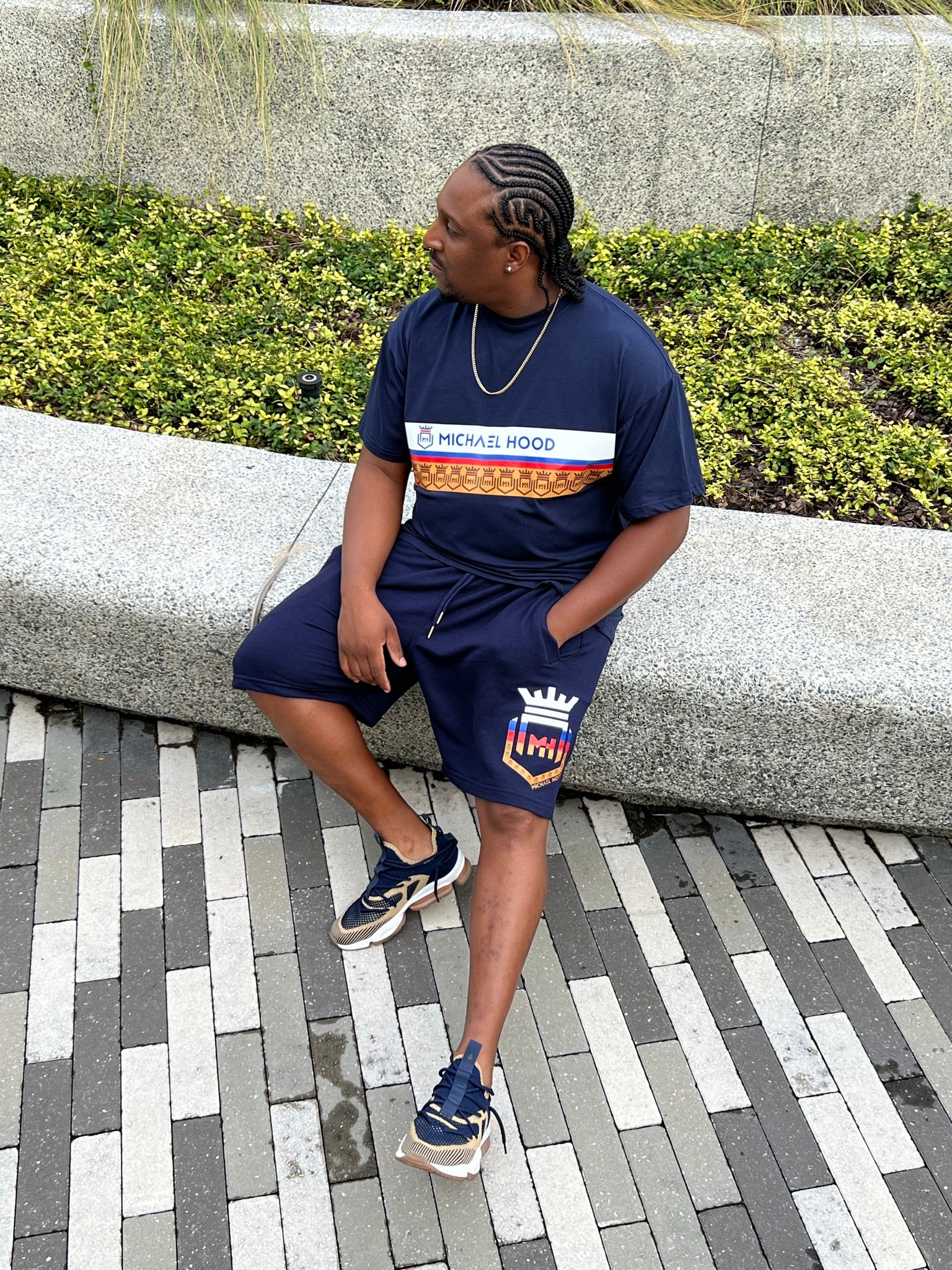 Five Colors Printed Logo Designs On Navy Blue Tee And Short Set MICHAEL HOOD